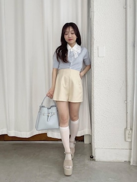 「MAJESTIC LEGON（マジェスティックレゴン）のノットベルトショルダーバッグ（ショルダーバッグ、ブルー系）」を使った、もちをさん（レディース・144cm）の春コーディネート