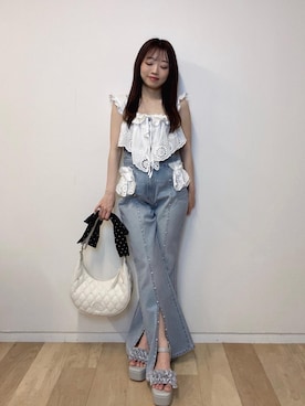 「MAJESTIC LEGON（マジェスティックレゴン）の2wayレースフリルデニムビスチェ（キャミソール、ブルー系）」を使った、もちをさん（レディース・144cm）の夏コーディネート