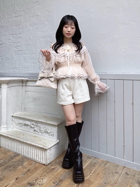 「MAJESTIC LEGON（マジェスティックレゴン）のベルトセットハイウエストショートパンツ（その他パンツ、ホワイト系）」を使った、もちをさん（レディース・144cm）の夏コーディネート