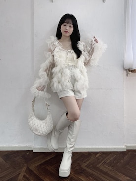 「MAJESTIC LEGON（マジェスティックレゴン）のベルトセットハイウエストショートパンツ（その他パンツ、ホワイト系）」を使った、もちをさん（レディース・144cm）の夏コーディネート