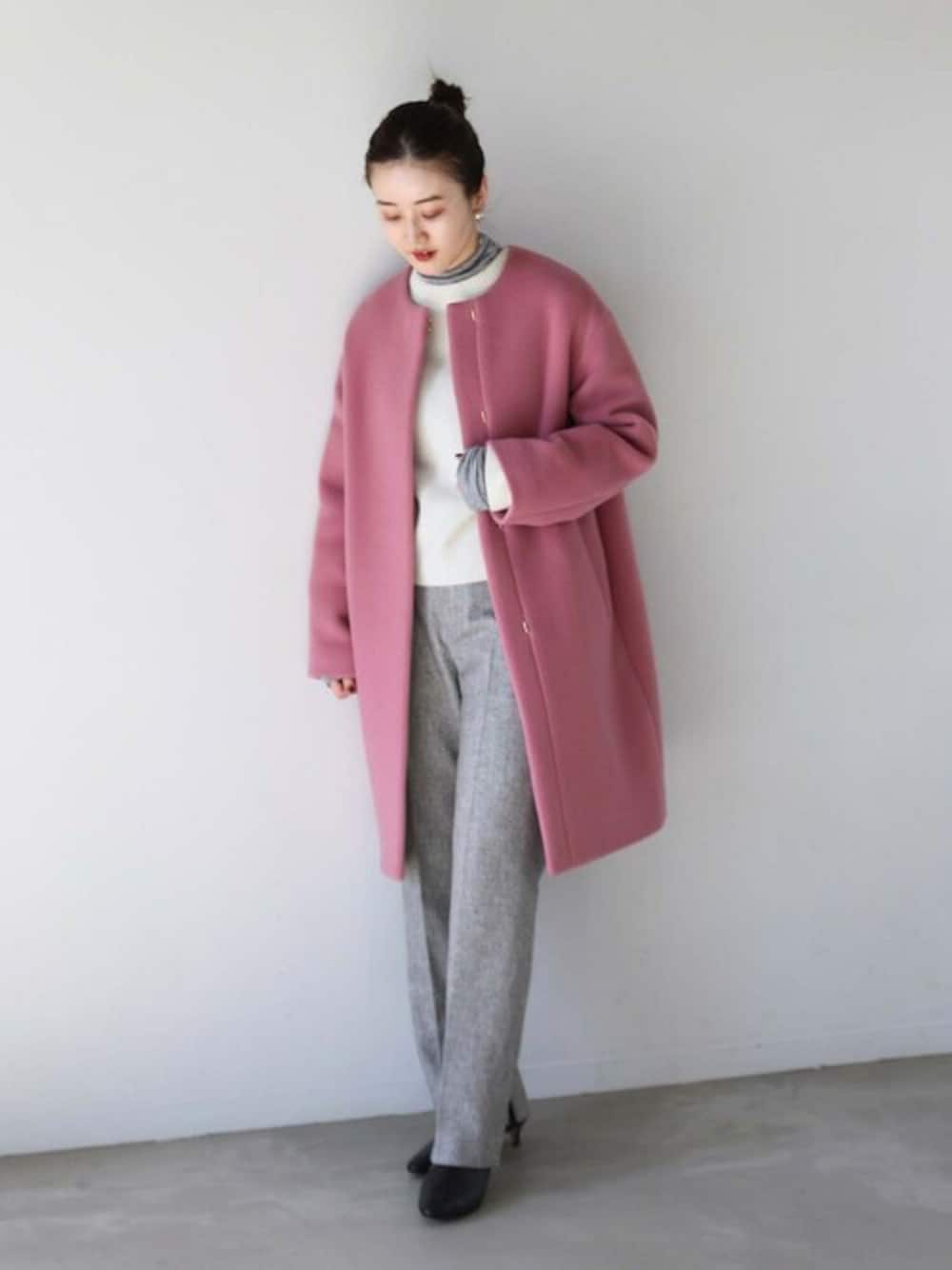IÉNA ピンク ノーカラーウールコート IENA ノーカラーコートピンク