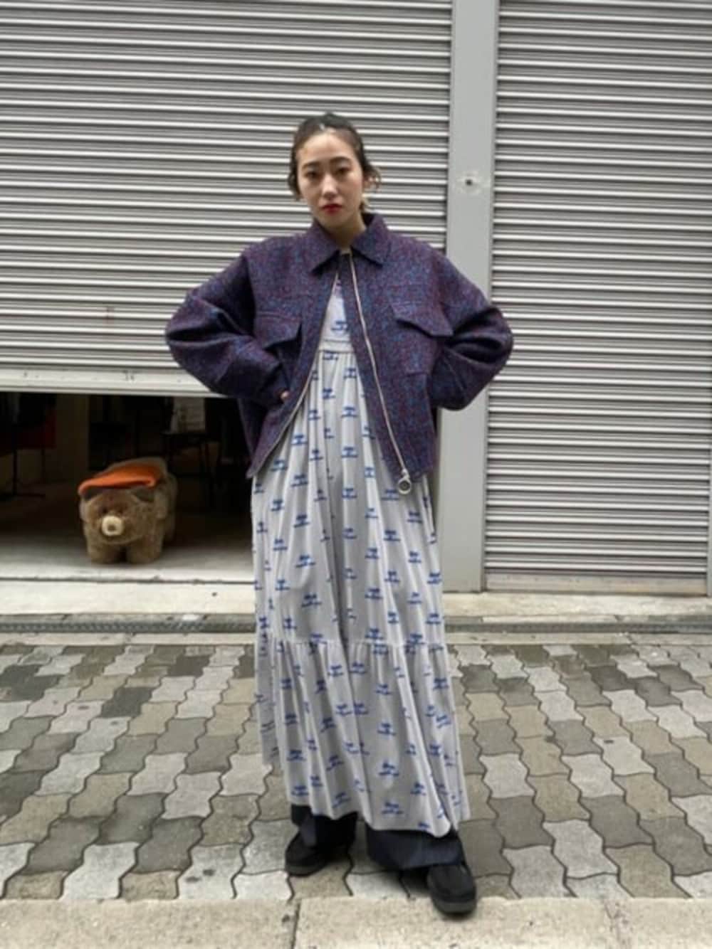 「ブルゾン、ロゴ、ワイドパンツ、モード、シンプルコーデ、キャミワンピ、秋コーデ、シアーワンピース、メゾンスペシャル、maisonspecial」｜「MAISON SPECIALのカラーツイードブルゾン【MAISON SPECIAL/メゾンスペシャル】（ブルゾン、パープル系）」を使った、MAISON SPECIALさん（レディース・167cm）の秋コーディネートの1枚目の写真