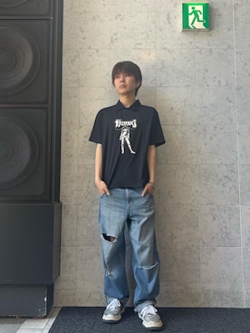 「HYSTERIC GLAMOUR（ヒステリックグラマー）のBAD ASS MAMA ポロ衿付きファンクショナルTシャツ（Polo、ブラック系）」を使った、kiriyamakさん（メンズ・174cm）の夏コーディネート