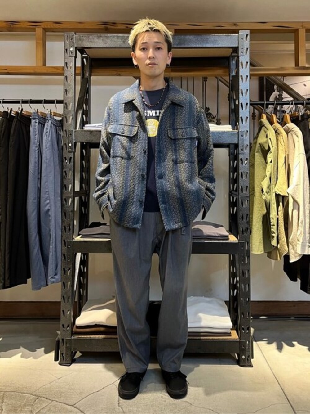 ブルー系のその他アウター、ブルー系のスウェット、グレー系のスラックスを着用したメンズの春コーディネートの1枚目の写真