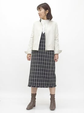 「ツイードワンピース」｜「アイテム（ブルゾン）」を使った、MKミッシェルクランさん（レディース・163cm）の秋コーディネート