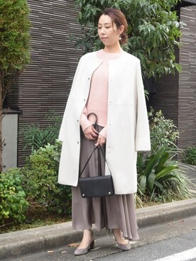 「MK MICHEL KLEIN（エムケーミッシェルクラン）のアイテム（ノーカラーコート）」を使った、MKミッシェルクランさん（レディース・156cm）の冬コーディネート