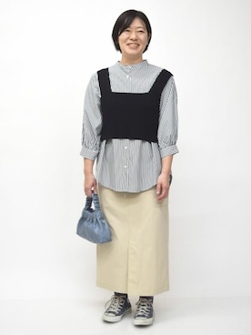 【トレンド/洗える】ストライプ柄バンドカラーシャツ×ビスチェ風ニットベスト/ツインセット ストライプ柄バンドカラーシャツ×ビスチェ風ニットベスト