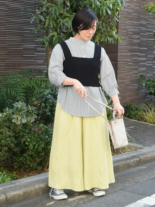 【トレンド/洗える】ストライプ柄バンドカラーシャツ×ビスチェ風ニットベスト/ツインセット セール】ストライプ柄バンドカラーシャツ×ビスチェ風ニット