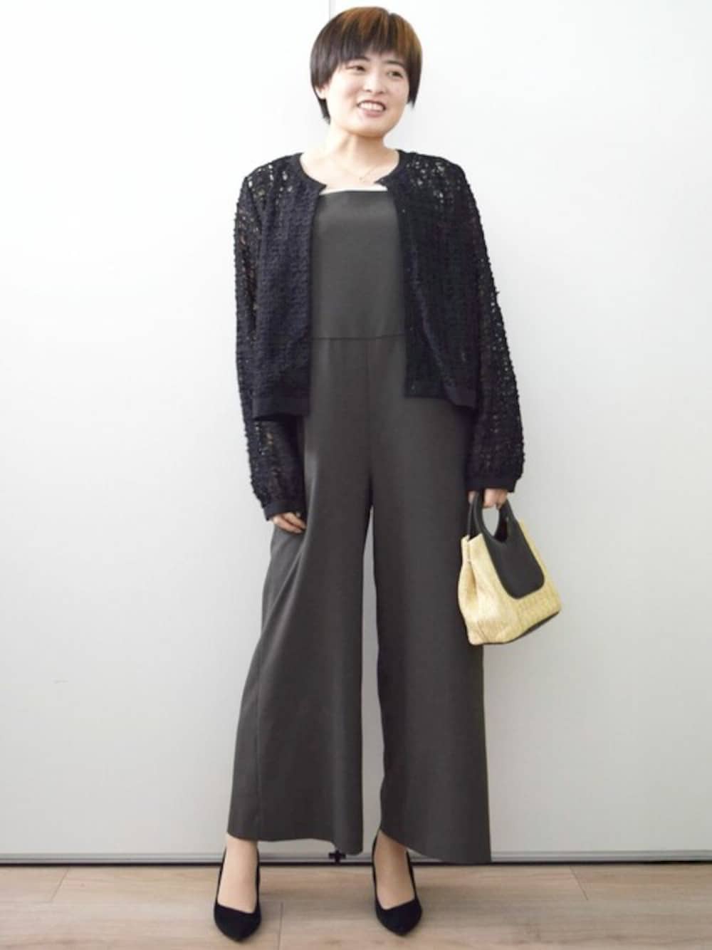 「ブルゾン、サロペット、オールインワン、オーバーオール、レース、コンビネゾン、春服、MK MICHEL KLEIN、MKミッシェルクラン」｜「MK MICHEL KLEINのレースチュールノーカラーライトブルゾン/洗える（ブルゾン、ブラック系）」を使った、MKミッシェルクランさん（レディース・158cm）の春コーディネートの1枚目の写真