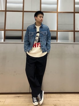 「ワイドパンツ 」｜「アイテム（デニムジャケット）」を使った、Linさん（メンズ・177cm）の秋コーディネート