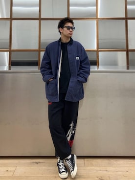 「ワイドパンツ 」｜「アイテム（スウェットパンツ）」を使った、Linさん（メンズ・177cm）の冬コーディネート