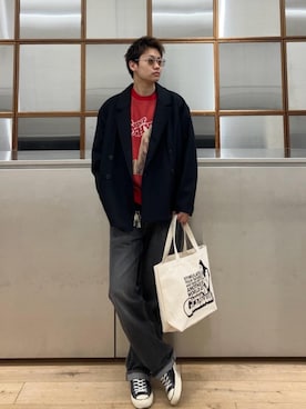 「ワイドパンツ 」｜「アイテム（その他アウター）」を使った、Linさん（メンズ・177cm）の冬コーディネート