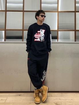 「ワイドパンツ 」｜「アイテム（スウェットパンツ）」を使った、Linさん（メンズ・177cm）の冬コーディネート