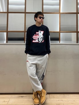 「ワイドパンツ 」｜「アイテム（スウェットパンツ）」を使った、Linさん（メンズ・177cm）の冬コーディネート