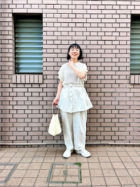 「yuni（ユニ　）の△コットンリネンデニム　バックゴムパンツ（デニムパンツ）」を使った、bulle de savonさん（レディース・158cm）の春コーディネート