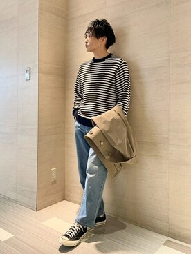 「春ニット」｜「アイテム（ステンカラーコート）」を使った、umekiさん（メンズ・173cm）の春コーディネート