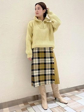 「NOLLEY’S（ノーリーズ）の【OLDDERBY KNITWEAR】リブZIPプルオーバーニット（ニット/セーター、イエロー系）」を使った、NOLLEY'Sさん（レディース・160cm）の秋コーディネート