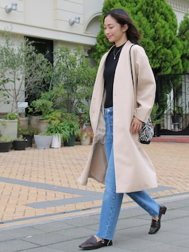 「リブニット」｜「アイテム（ノーカラーコート）」を使った、SocialGIRLさん（レディース・169cm）の冬コーディネート