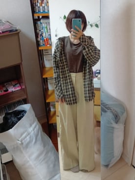 「しまむら（シマムラ）のアイテム（Tシャツ/カットソー、ブラウン系）」を使った、パピコさん（レディース・157cm）の春コーディネート