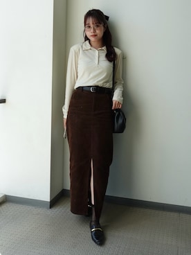 「STYLEMIXER（スタイルミキサー）のベロアポロトップ（Tシャツ/カットソー、ホワイト系）」を使った、ねっしー.さん（レディース・159cm）の秋コーディネート