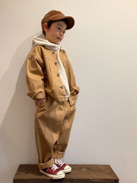 「ワークキャップ」｜「アイテム（ノーカラージャケット）」を使った、tiinさん（キッズ・110cm）の冬コーディネート