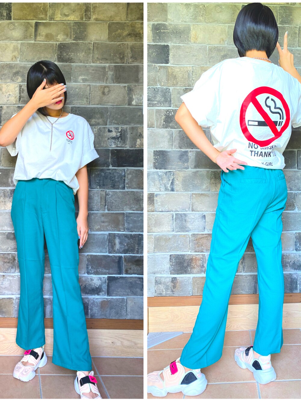 「夏コーデ、Tシャツ/カットソー、カジュアルコーデ、グリーン×ホワイト、緑パンツ、おしゃれさんと繋がりたい、中学生コーデ」｜「X-girlのPROHIBITED S/S TEE（Tシャツ/カットソー、ホワイト系）」を使った、りりあさん（レディース・163cm）の夏コーディネートの1枚目の写真
