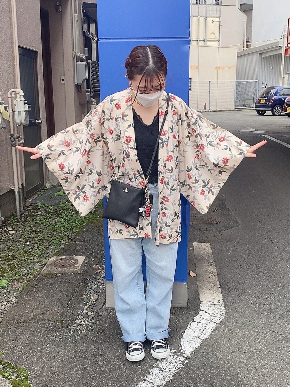 「ラブアンドピース2021、羽織り、和服、古着、プチプラ」｜「古着のアイテム（ジャケット/アウター、ホワイト系）」を使った、umeさん（レディース・158cm）の秋コーディネートの1枚目の写真
