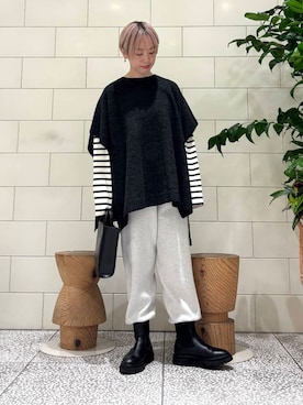 「かぐれ（カグレ）のボーダーワイドカットソー（Tシャツ/カットソー）」を使った、MINAMIさん（レディース・158cm）の冬コーディネート