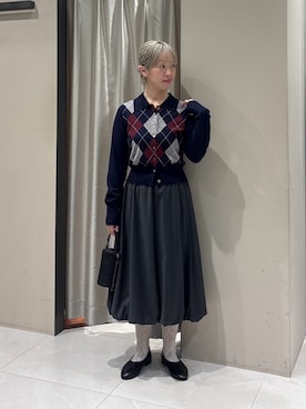 「URBAN RESEARCH（アーバンリサーチ）のアーガイルシャツカラーニットカーディガン（カーディガン/ボレロ、ブルー系）」を使った、MINAMIさん（レディース・158cm）の秋コーディネート
