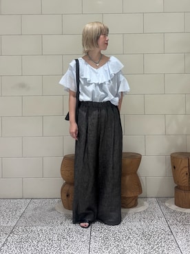 「URBAN RESEARCH（アーバンリサーチ）のハーフスリーブラッフルブラウス（シャツ/ブラウス、ブルー系）」を使った、MINAMIさん（レディース・158cm）の夏コーディネート