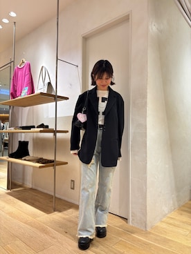 「SHENERY（シーナリー）のナンバリングロンＴ（Tシャツ/カットソー、ホワイト系）」を使った、NAMAI_154cmさん（レディース・154cm）の冬コーディネート