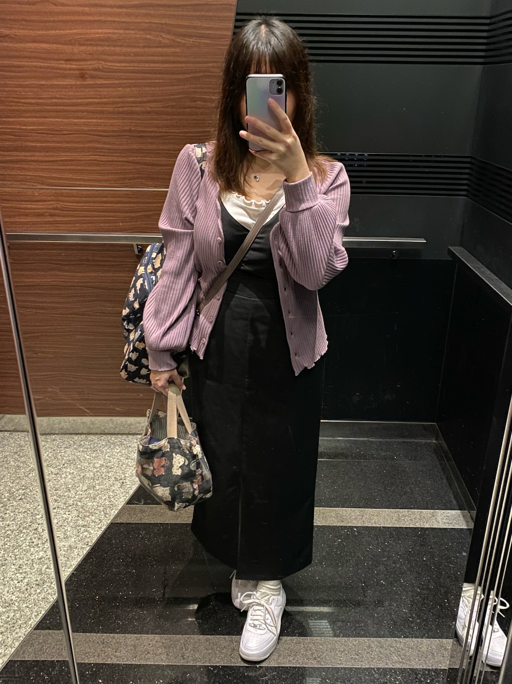 「one after another NICE CLAUPのスカラップテレコ2wayトップス（Tシャツ/カットソー、ピンク系）」を使った、キャミィさん（レディース・158cm）の秋コーディネートの1枚目の写真