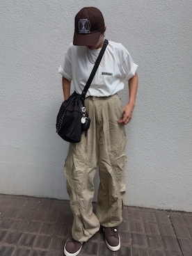 「アイテム（帽子、ブラウン系）」を使った、MIHOさん（レディース・151cm）の夏コーディネート