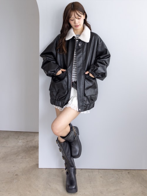 セール】ボア付きレザーロング丈ブルゾン［大人 カジュアル 着回し力