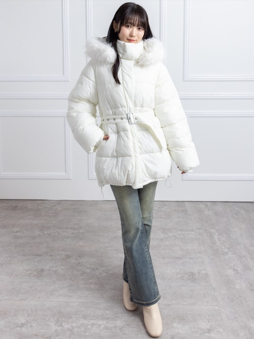 セール】ベルト付きエコファー中綿ダウン［大人 カジュアル 着回し力