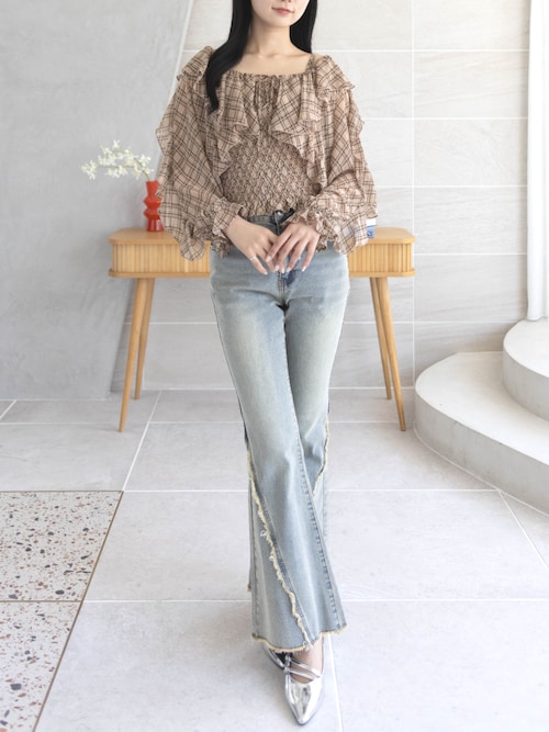 低身長用サイズ有】ミドルライズフリンジフレアデニムパンツ [着