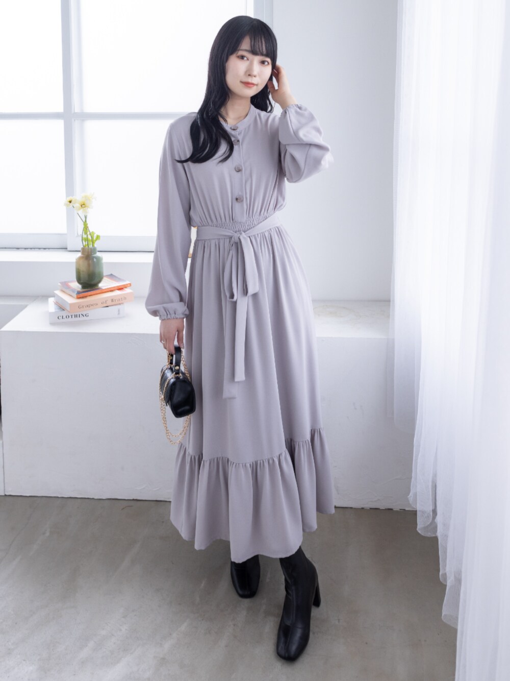 clear（クリア）の「【低身長サイズ有】ウエストリボン裾切替長袖