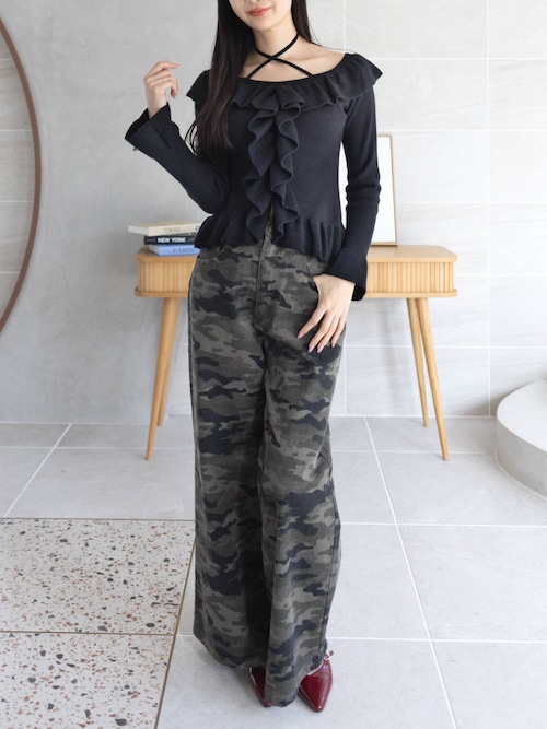 セール】【低身長用サイズ有】迷彩柄ワイドパンツ［韓国