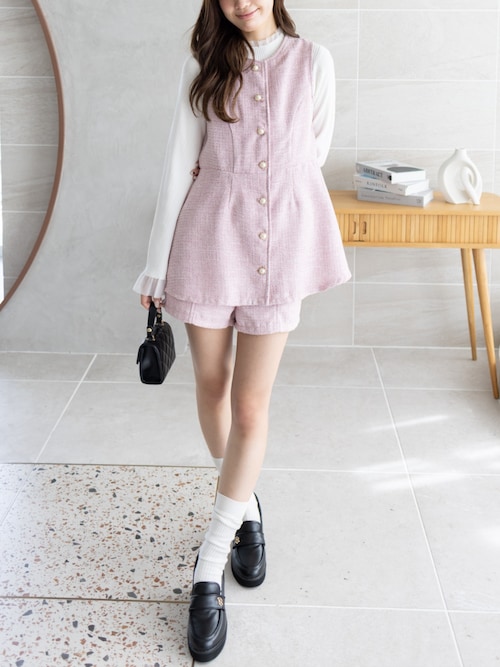 セール】フロントボタンツイードチュニック＆ショートパンツセット