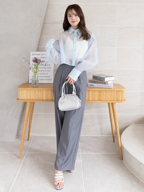 リボン付きショート丈シアーシャツ[大人 ガーリー リボン 冷房