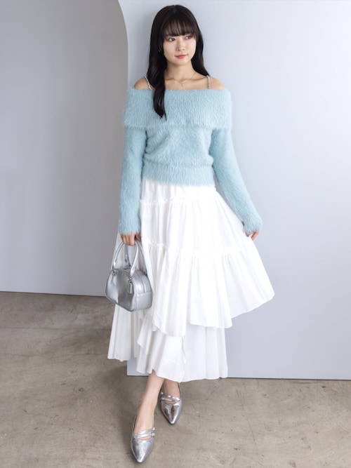 セール】肩ビジューフェザーオフショルニットトップス[大人 フェミニン