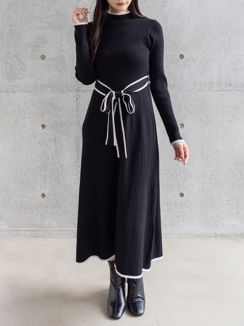セール】配色リボンフレアロングニットワンピース[大人 フェミニン