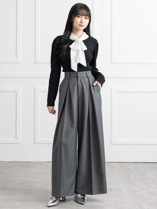 セール】【低身長用サイズ有】タックデザインワイドパンツ