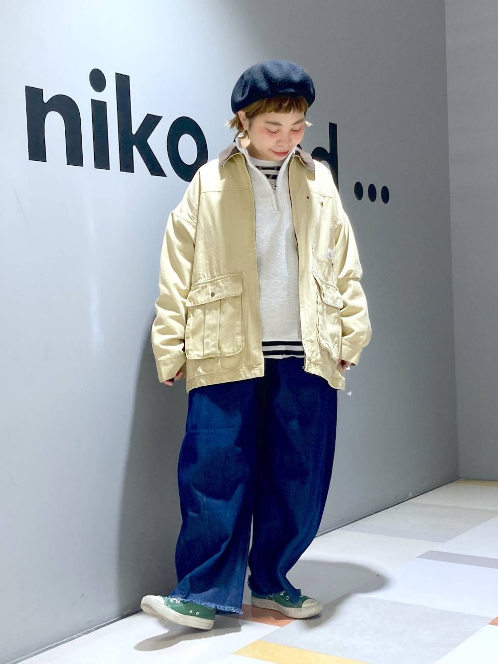 「低身長、体型カバー、ユニセックス」｜「niko and...のオリジナルカラーベレー帽（ハンチング/ベレー帽、ブラック系）」を使った、タゾエさん（レディース・155cm）の冬コーディネートの1枚目の写真