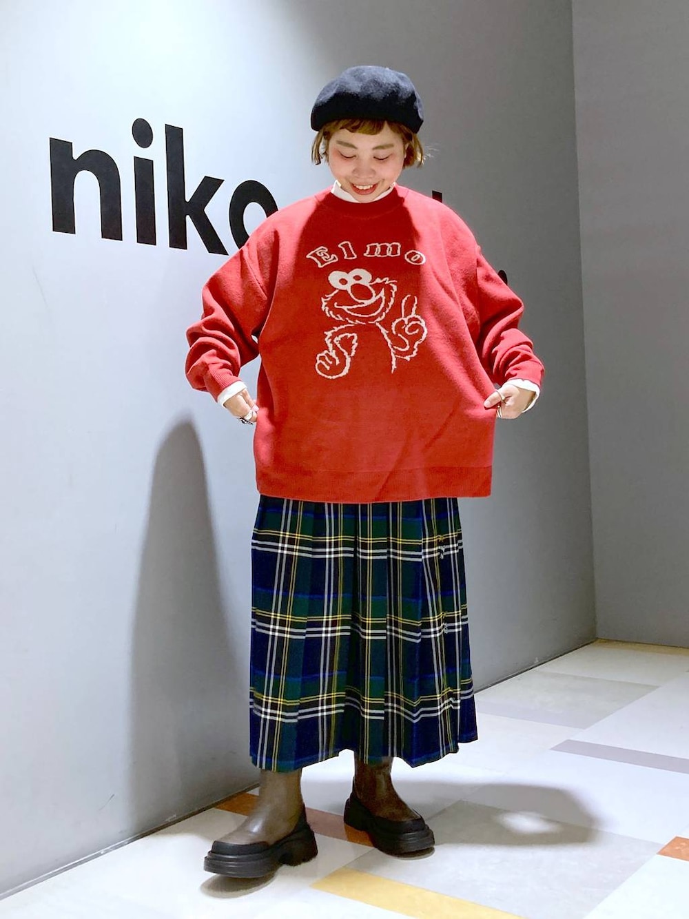 「低身長、体型カバー、ユニセックス」｜「niko and...のチェックツイルキルトスカート（スカート、グリーン系）」を使った、タゾエさん（レディース・155cm）の冬コーディネートの1枚目の写真