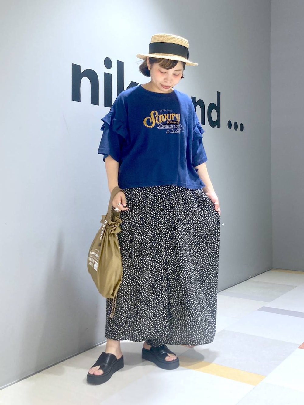 「体型カバー、低身長、ユニセックス」｜「niko and...のオリジナル厚底トングサンダル（サンダル、ブラック系）」を使った、タゾエさん（レディース・155cm）の夏コーディネートの1枚目の写真