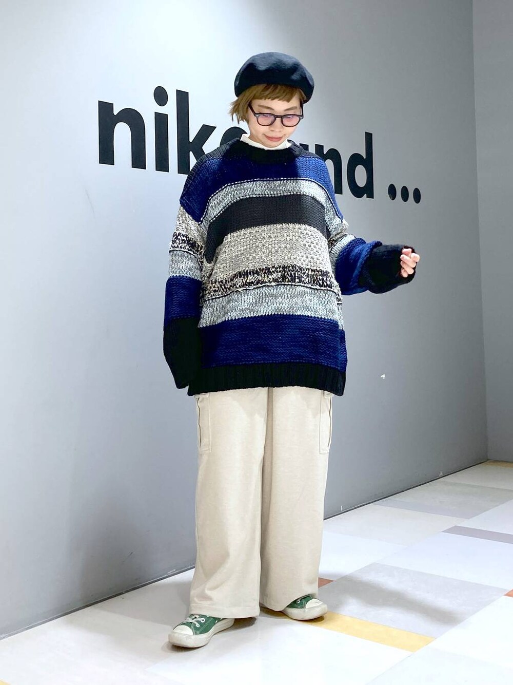 「低身長、体型カバー、ユニセックス」｜「niko and...のオリジナルカラーベレー帽（ハンチング/ベレー帽、ブラック系）」を使った、タゾエさん（レディース・155cm）の冬コーディネートの1枚目の写真