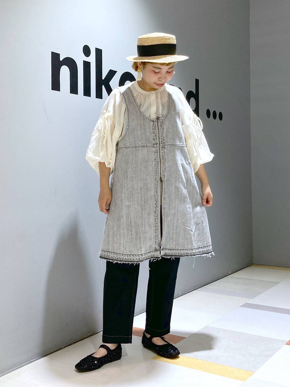 「低身長、体型カバー、ユニセックス」｜「niko and...のオリジナルスパンコールカンフーシューズ（バレエシューズ、ブラック系）」を使った、タゾエさん（レディース・155cm）の夏コーディネートの1枚目の写真