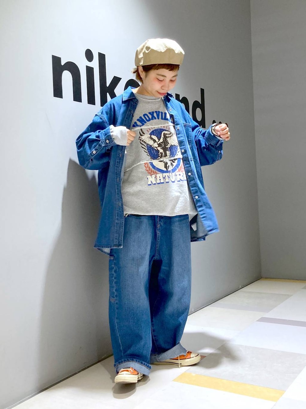 「低身長、ユニセックス、体型カバー」｜「niko and...のミニパイルステッチプルオーバー（Tシャツ/カットソー、ホワイト系）」を使った、タゾエさん（レディース・155cm）の冬コーディネートの1枚目の写真