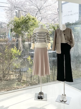 「ボーダーニット」｜「アイテム（ノーカラージャケット）」を使った、LITTLEBLACKさん（レディース・162cm）の春コーディネート